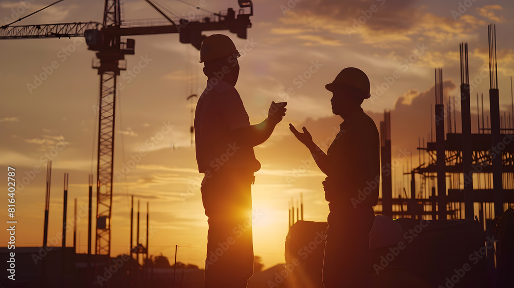 Poster Silhouette of Engineer and worker checking project at heavy infrastructure building site background construction site at sunset in evening time : Generative AI