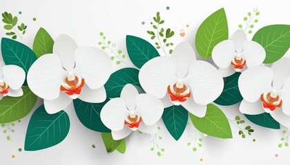 Flowers trendy composition. White orchid flowers on white background. Flat lay, top view, copy space
