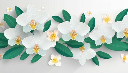 Flowers trendy composition. White orchid flowers on white background. Flat lay, top view, copy space