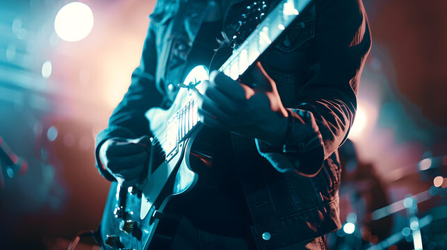 A guitar player making rock during concert Rock band performs on stage Guitarist plays solo : Generative AI