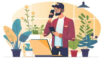 A young man wearing a baseball cap and headphones is talking on the phone while looking at his laptop. He is standing in an office surrounded by plants.
