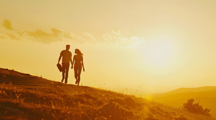 silhouettes of couple at sunset against bright sun sky man and woman have fun in nature walking and relaxing relationships and falling in love poster postcard romantic meetings against : Generative AI