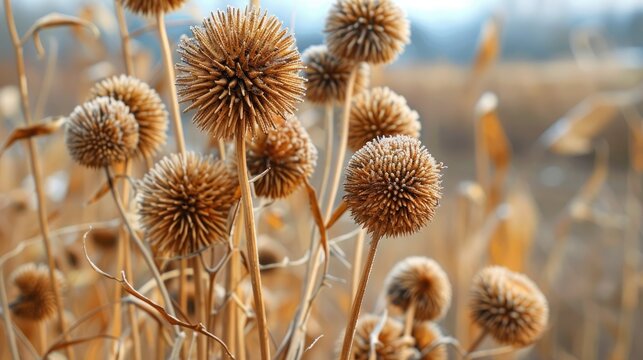 Dry cockleburs the brown fruits of the burdock plant alongside the stem in early spring a wild plant dried near a wheat field in a village
