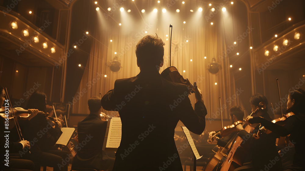 Poster back view cinematic shot of conductor directing symphony orchestra with performers playing violins c