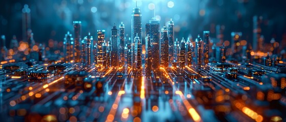 Obraz premium Digital Futurescape: Dynamic Visualization of Data, Cyber Cityscapes, and Quantum Networks in Futuristic Tech Landscapes