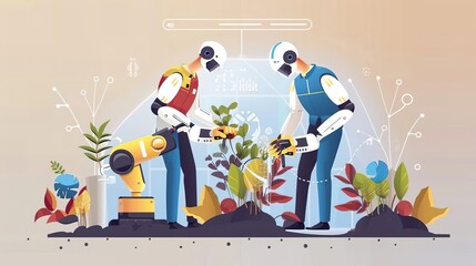 Two robots work together to plant a flower in a field. The robot on the left is holding the flower, and the robot on the right is holding a shovel.