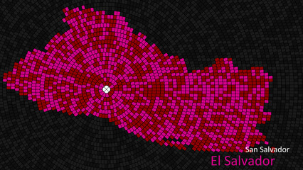A map of El Salvador is presented as a mosaic with a dark background, and the country's borders are outlined in the shape of a colorful mosaic, centered around the capital city.