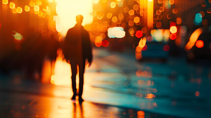 Obraz premium Silhouette of a person walking in the city : Generative AI