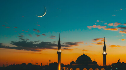 Obraz premium Mosque sunset sky moon holy night islamic night and silhouette mosque panaromic islamic wallpaper : Generative AI