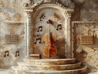 A podium adorned with musical notes and instruments, creating a melodic and harmonious atmosphere