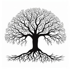 Black tree silhouette with intricate roots on a white background, Ai Generated.