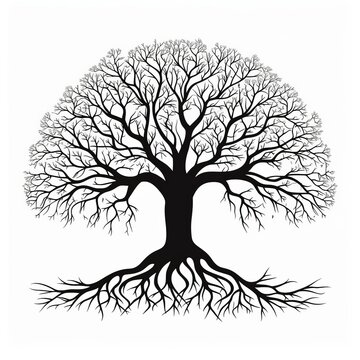 recommend clip art: Black tree silhouette with intricate roots on a white background, Ai Generated.