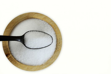 white fine natural sea salt in spoon and bowl isolated,white background,top view,copy space, 