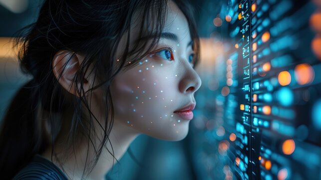 A young woman stares at a screen of data. She is wearing a futuristic suit and has a determined look on her face. She is ready to take on any challenge that comes her way. - Powered by Adobe
