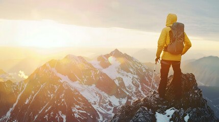 man alone on his back in a yellow jacket on a mountain peak contemplating the sunset in the backlight Mountaineer contemplating the landscape after hiking in the mountains : Generative AI