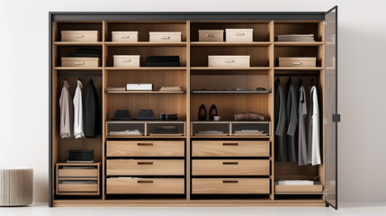 Spacious modern system storage organization wardrobe with boxes and containers