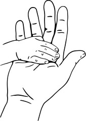 Parent holding baby hand in palm black and white illustration