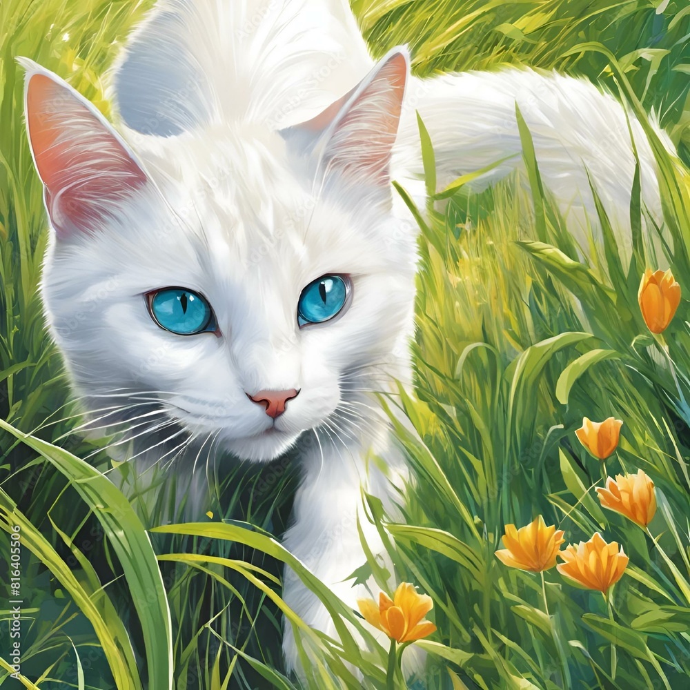 Poster AI generated illustration of a White cat with vivid blue eyes resting on a cushion