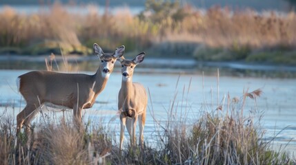 Fototapeta premium Beautiful deer are visible in the water dunes and they might approach your camera if you re lucky