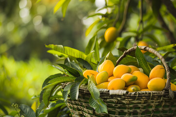 Big wicker basket full of ripe mangos on ground covered by leaves