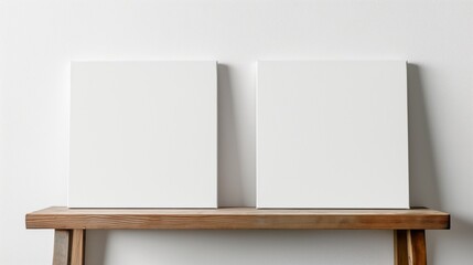 Fototapeta premium Blank canvases on wooden easel in minimalist studio during daytime.