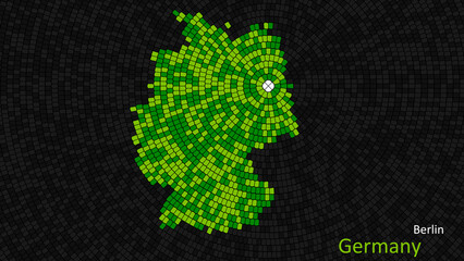 Fototapeta premium A map of Germany is presented as a mosaic with a dark background, and the country's borders are outlined in the shape of a colorful mosaic, centered around the capital city.