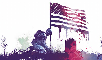 Memorial Day, American flag and soldier silhouette, comrade tombstone, illustration, holiday, Vector graphic, space for text