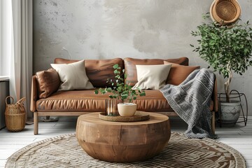 Cozy loveseat sofa near round accent coffee table. Scandinavian home interior design of modern living room in farmhouse.