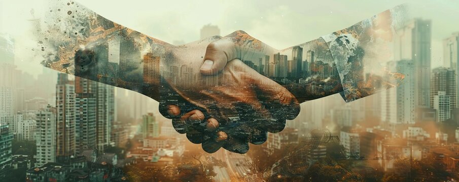 A double exposure of a handshake and a destroyed city, emphasizing the need for diplomacy and conflict prevention