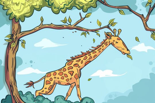 Cartoon cute doodles of a clumsy giraffe trying to reach for leaves on a high tree branch and stumbling over its long legs, Generative AI