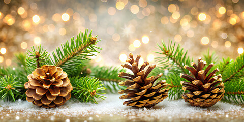 Pinecones and fir tree on sparkling background. Christmas decoration background 