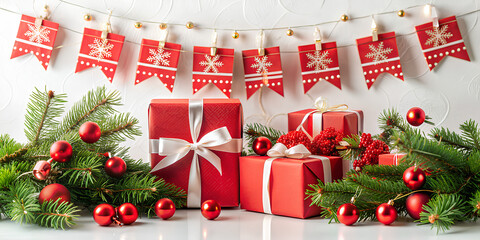 red gift boxes with ribbons on a white background with garlands. Next to the tree branch. The concept of Christmas