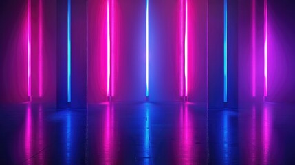 Neon glowing bars with reflections on a dark background, night club stage design