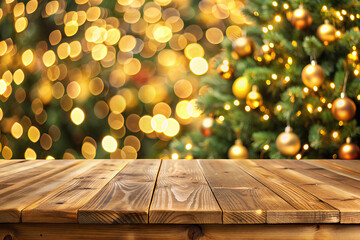 Wooden table top with blur Christmas tree and golden bokeh background