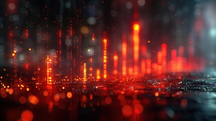 Binary code rain falling in a futuristic city. Red and black color scheme.