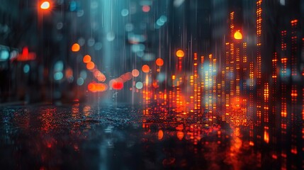Create a photo of a futuristic city street with glowing red and orange lights reflecting off the wet pavement. The image should be dark and moody with a cyberpunk aesthetic. - Powered by Adobe