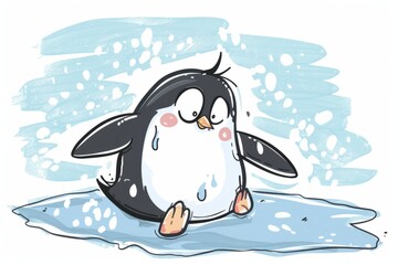 Cartoon cute doodles of a clumsy penguin slipping on an icy patch, Generative AI
