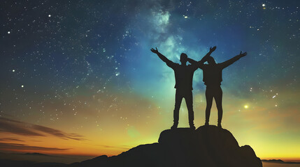 Silhouette of two young man standing open arms and watched the star milky way and night sky on top...