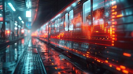 Fototapeta na wymiar A digital train speeds through a virtual station