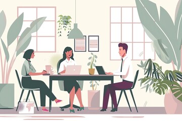 A consultant is giving presentations on a tablet in a functional and well-lit study corner. Simple and minimalist flat Vector Illustration