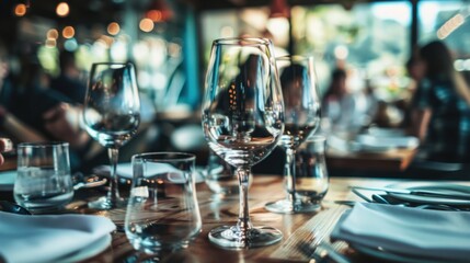 arrangement of glasses on a table for a party or special event. New Year background, wedding party or birthday party.