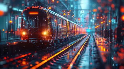 A digital painting of a train arriving at a station. The train is made of thousands of tiny lights, and the station is surrounded by a city.