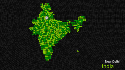 Fototapeta premium A map of India is presented as a mosaic with a dark background, and the country's borders are outlined in the shape of a colorful mosaic, centered around the capital city.