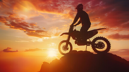 Man with motocross bike against beautiful lights silhouette of a man with  motocross motorcycle On top of rock high mountain at beautiful sunset enduro motorcycle travel concept : Generative AI