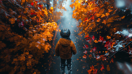 The back view of a young boy speeding on his rollerblades wearing safety helmet on the paved trail with vibrant maple trees during Fall season