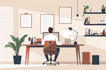 A consultant is strategizing plans at a desk in a clean and organized home office area. Simple and minimalist flat Vector Illustration 