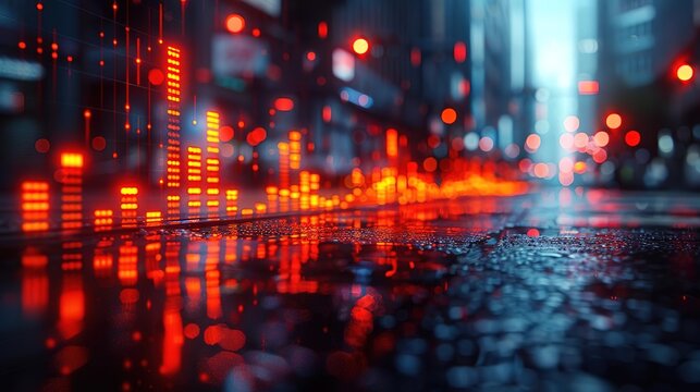 Create a photo of an urban street with red glowing audio equalizer.