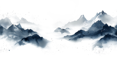 Foggy watercolor mountains, hills and trees isolated elements, watercolor mountain range with high peaks against the blue sky on white and transparent background