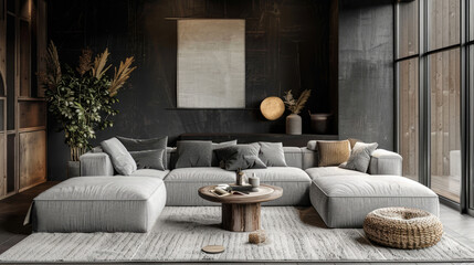Modern Dark-Walled Living Room with Elegant Gray Sectional Sofa and Ethnic Decor Elements