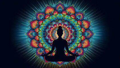A silhouette of a person in the lotus meditation position, meditating over a colorful, ornate mandala